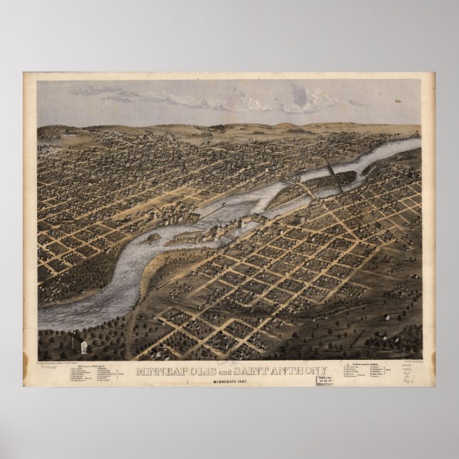 1867 Minneapolis & St. Paul , MN Panoramic Map Poster (Front)