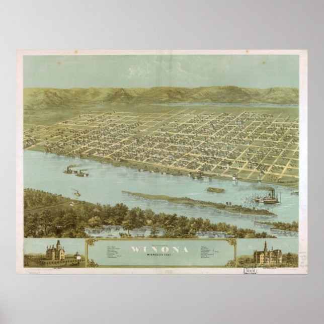 1867 Winona, MN Birds Eye View Panoramic Map Poster (Front)