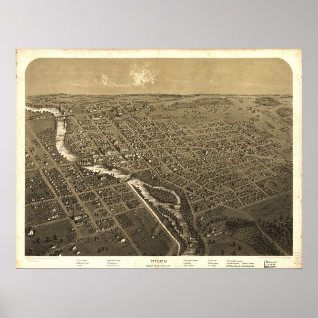 1868 Niles, MI Birds Eye View Panoramic Map Poster (Front)
