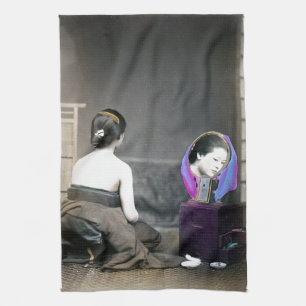 1870 Japanese Woman in Dressing Room Tea Towel