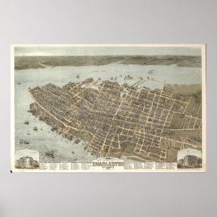 1872 Charleston, SC Birds Eye View Panoramic Map Poster
