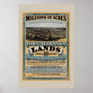 1872 Land for Sale Iowa & Nebraska Pioneer Land Poster