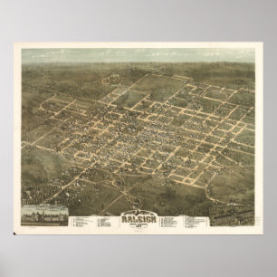 1872 Raleigh, NC Birds Eye View Panoramic Map Poster
