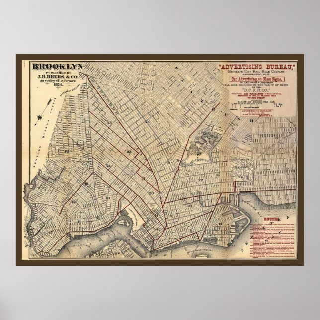 1874 Brooklyn City Railroad Company Route Map Poster (Front)