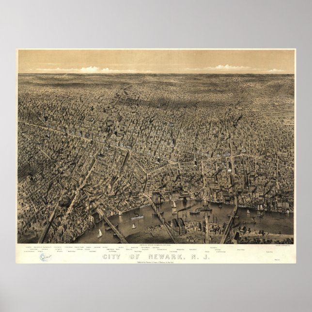 1874 Newark, NJ Birds Eye View Panoramic Map Poster (Front)