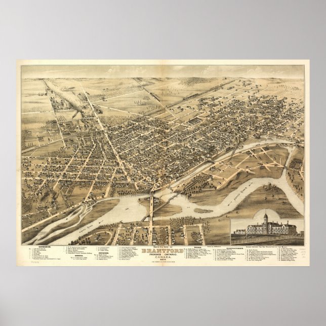 1875 Brantford, Ontario Bird's Eye Panoramic Map Poster (Front)