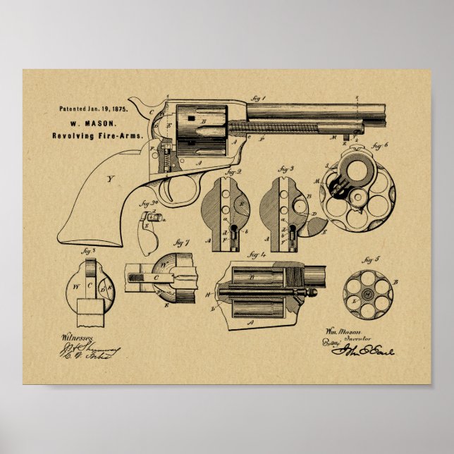 1875 Gun Revolver Patent Art Drawing Print (Front)