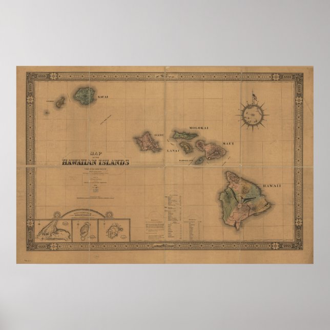 1876 Map of Hawaii Hawaiian Islands Poster (Front)