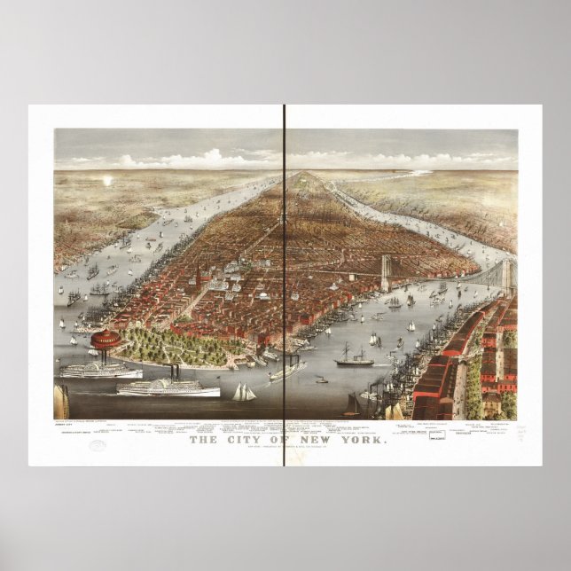 1876 New York City NY Birds Eye View Panoramic Map Poster (Front)