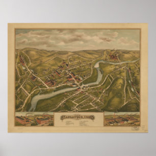 1877 Naugatuck CT Birds Eye View Panoramic Map Poster