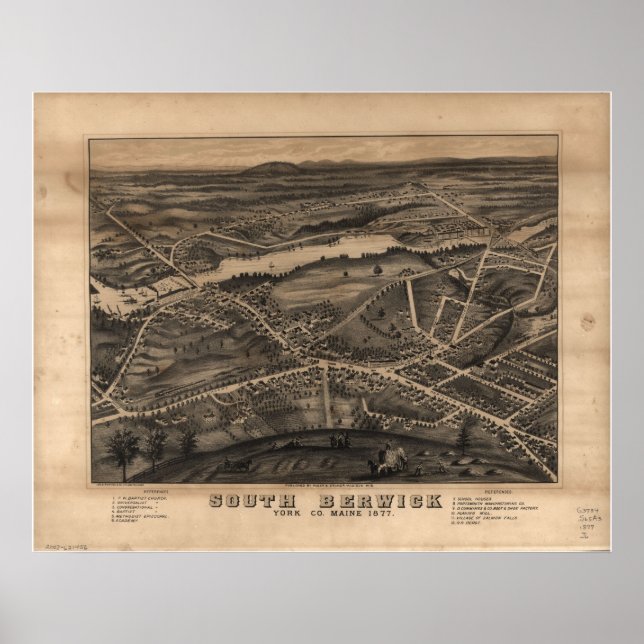 1877 South Berwick ME Birds Eye View Panoramic Map Poster (Front)
