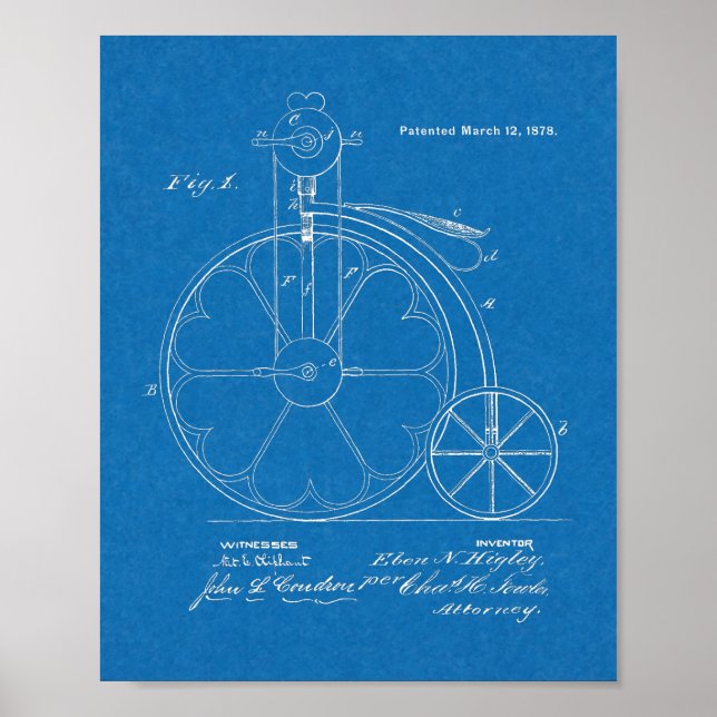 1878 High Wheeler Bicycle Design Patent Art Print (Front)