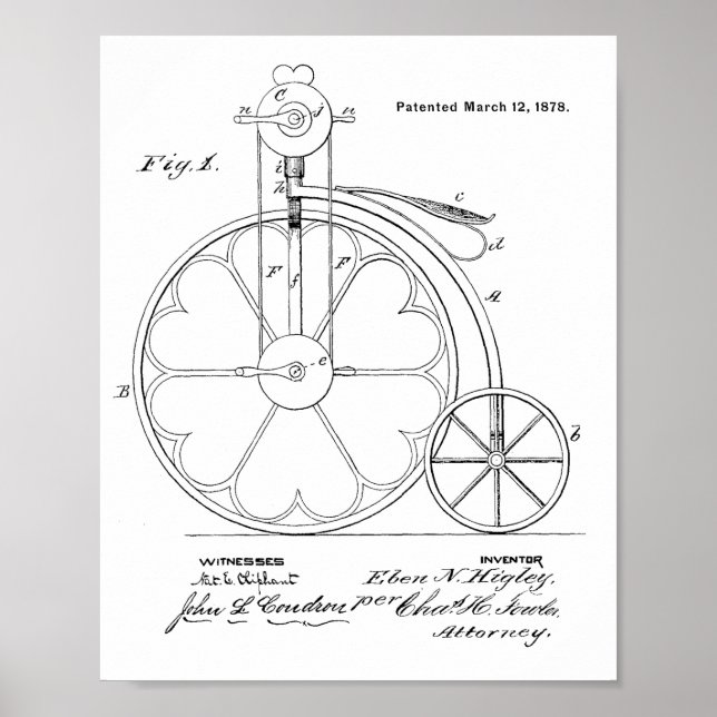 1878 Vintage High Wheeler Bicycle Patent Art Print (Front)