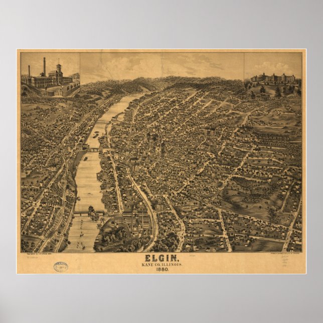 1880 Elgin, IL Birds Eye View Panoramic Map Poster (Front)