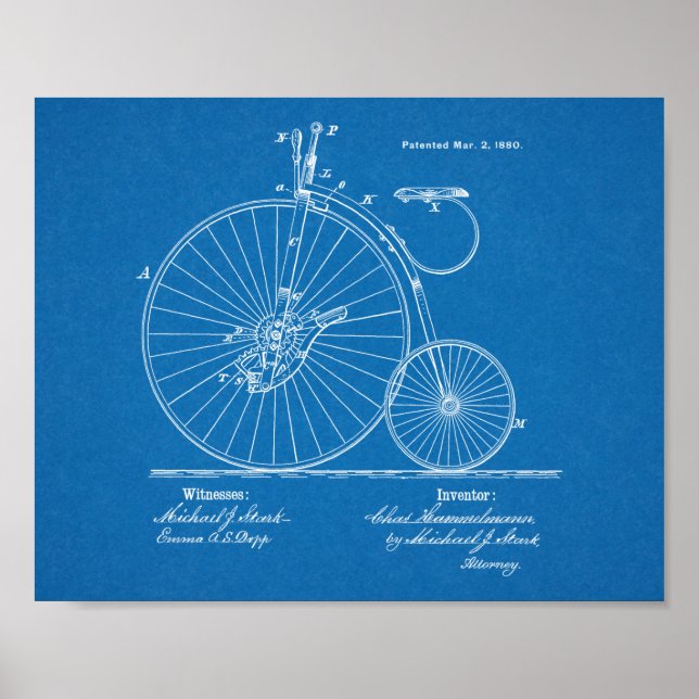 1880 High Wheeler Bicycle Design Patent Art Print (Front)