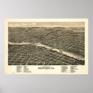 1880 Rockford, IL Birds Eye View Panoramic Map Poster