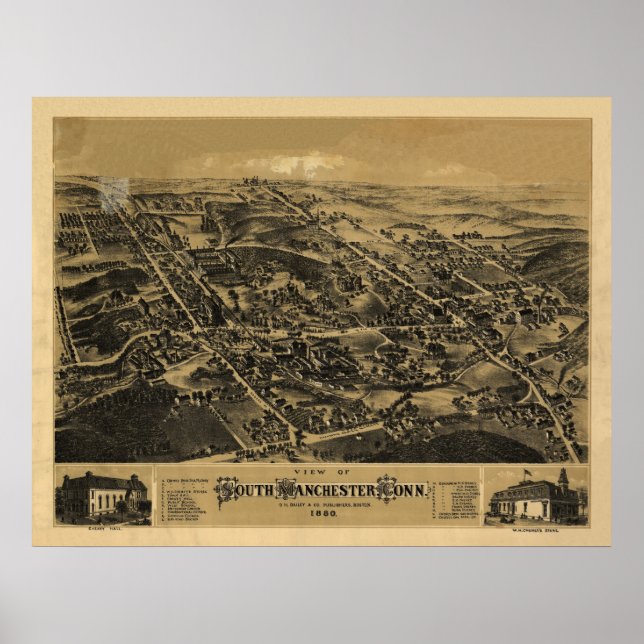 1880 South Manchester CT Birds Eye Panoramic Map Poster (Front)
