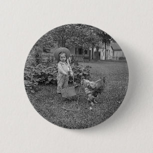 1880's Adorable Girl and Rooster Cart in Garden 6 Cm Round Badge
