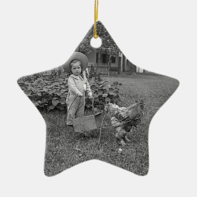 1880's Adorable Girl and Rooster Cart in Garden Ceramic Ornament (Front)