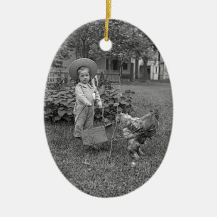 1880's Adorable Girl and Rooster Cart in Garden Ceramic Tree Decoration