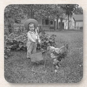 1880's Adorable Girl and Rooster Cart in Garden Coaster