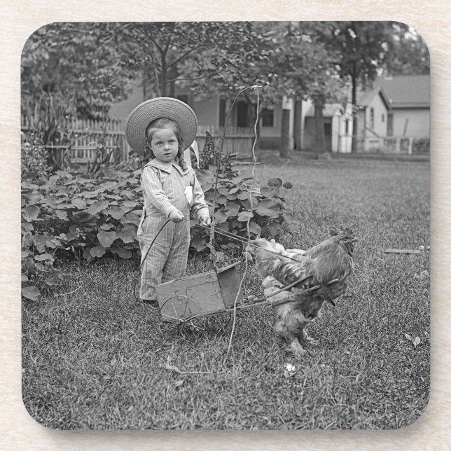 1880's Adorable Girl and Rooster Cart in Garden Coaster (Front)