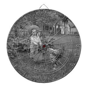 1880's Adorable Girl and Rooster Cart in Garden Dartboard