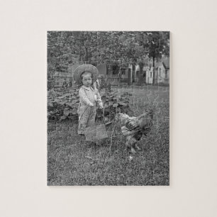 1880's Adorable Girl and Rooster Cart in Garden Jigsaw Puzzle