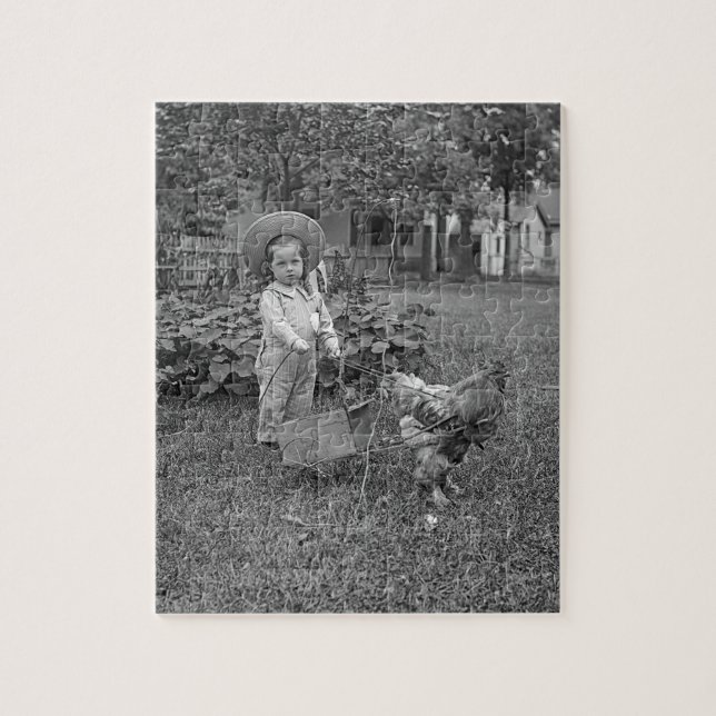 1880's Adorable Girl and Rooster Cart in Garden Jigsaw Puzzle (Vertical)