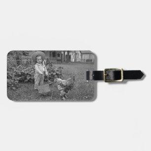 1880's Adorable Girl and Rooster Cart in Garden Luggage Tag