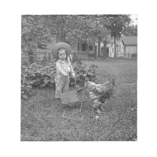 1880's Adorable Girl and Rooster Cart in Garden Notepad