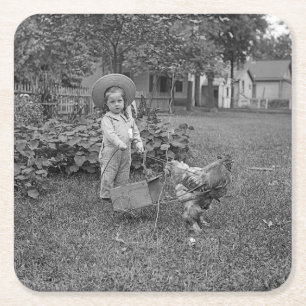 1880's Adorable Girl and Rooster Cart in Garden Square Paper Coaster