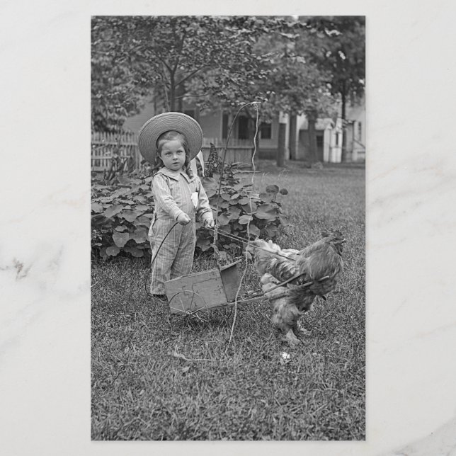 1880's Adorable Girl and Rooster Cart in Garden Stationery (Front)