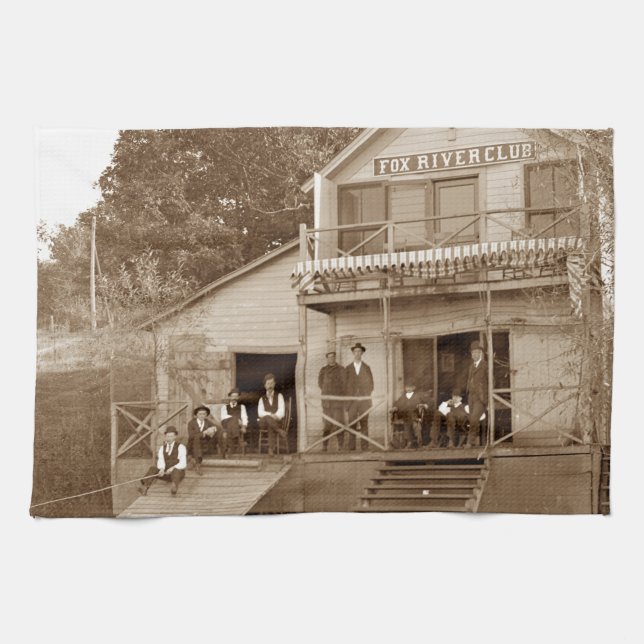 1880's Men Club Fox River Club Fishing Elgin Tea Towel (Horizontal)