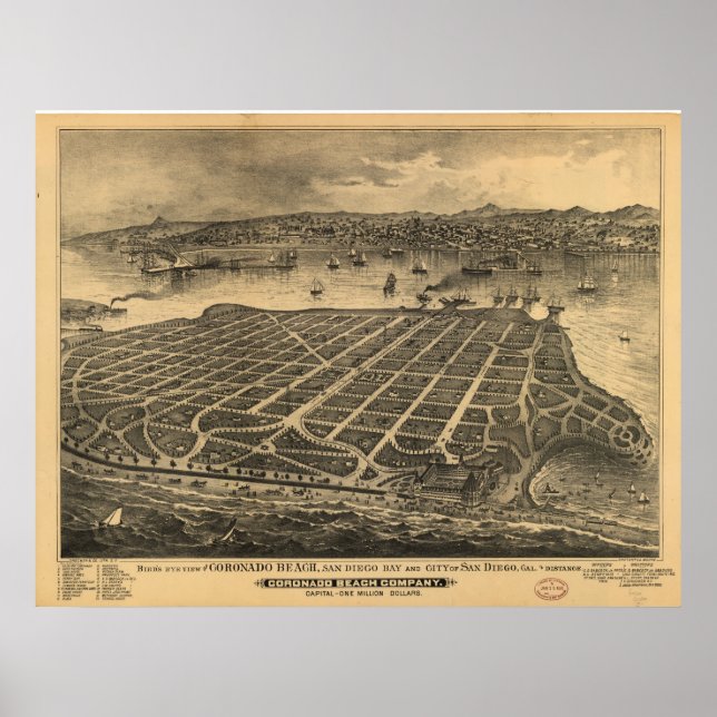 1880's San Diego CA Birds Eye View Panoramic Map Poster (Front)