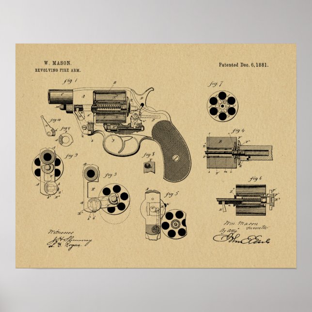 1881 Gun Revolver Patent Art Drawing Print (Front)