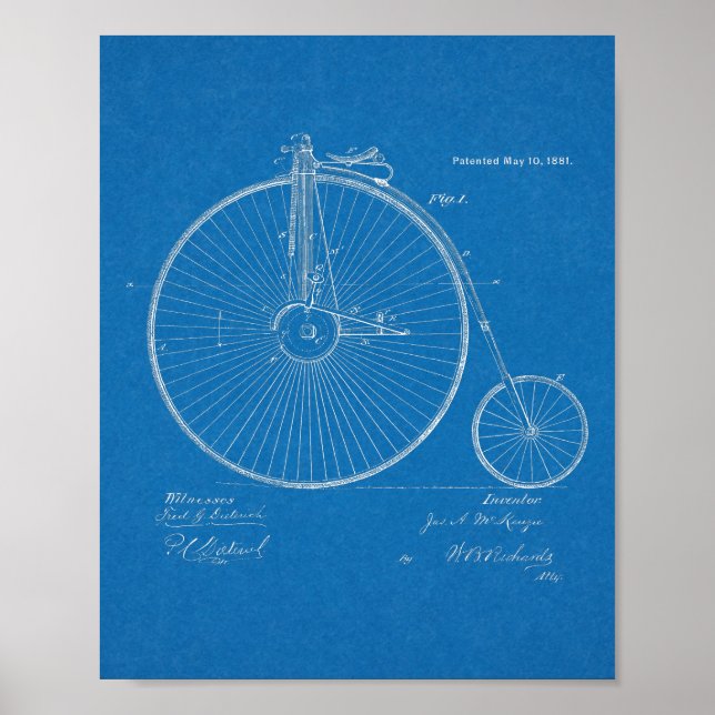 1881 High Wheeler Bicycle Design Patent Art Print (Front)