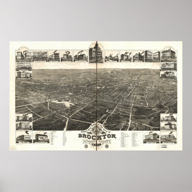 1882 Brockton, MA Birds Eye View Panoramic Map Poster (Front)