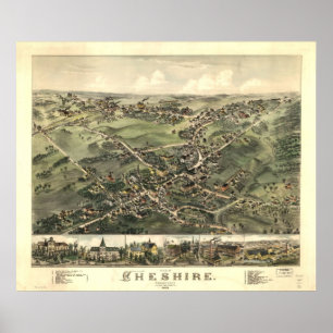 1882 Cheshire CT Birds Eye View Panoramic Map Poster