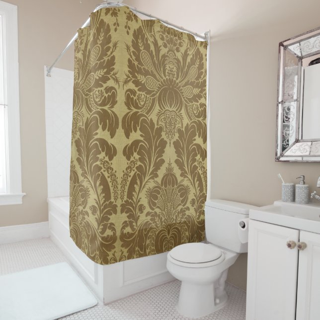 1883 Vintage Rich Floral Tapestry Brocade Damask Shower Curtain (In Situ)