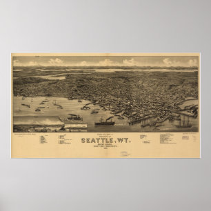 1884 Seattle, WA Birds Eye View Panoramic Map Poster