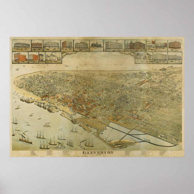 1885 Galveston, TX Birds Eye View Panoramic Map Poster (Front)