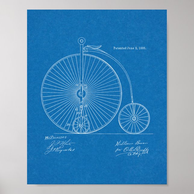 1885 High Wheeler Bicycle Design Patent Art Print (Front)