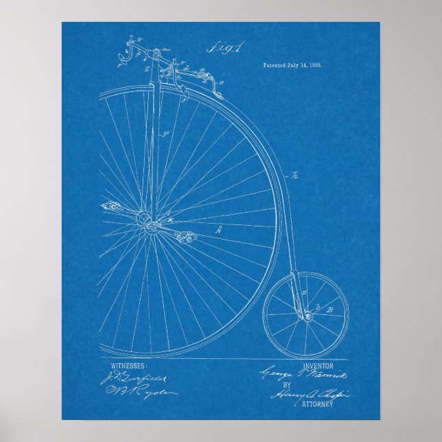 1885 High Wheeler Bicycle Design Patent Art Print (Front)
