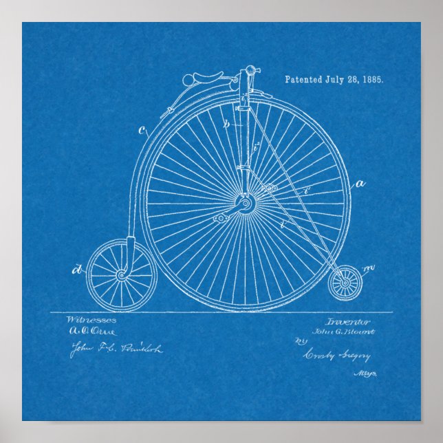 1885 High Wheeler Bicycle Design Patent Art Print (Front)
