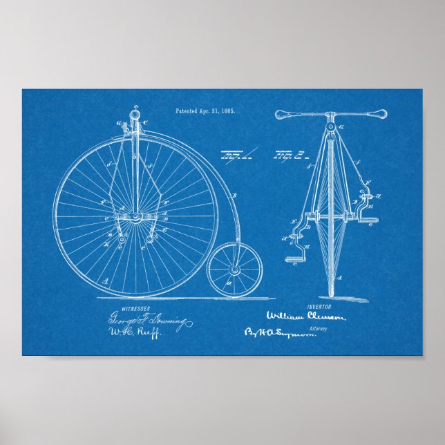 1885 High Wheeler Bicycle Design Patent Art Print (Front)