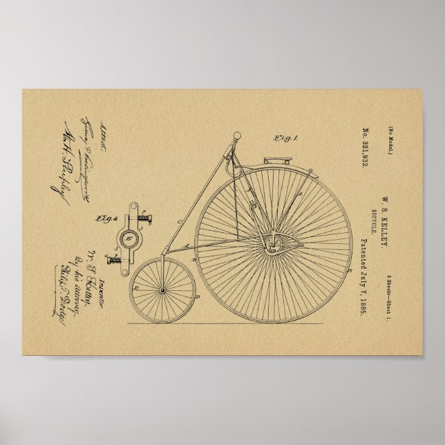 1885 Vintage High Wheel Bicycle Patent Art Print (Front)
