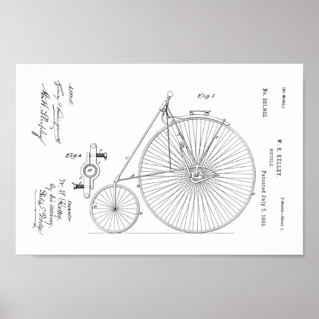 1885 Vintage High Wheel Bicycle Patent Print (Front)