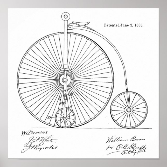1885 Vintage High Wheeler Bicycle Patent Art Print (Front)