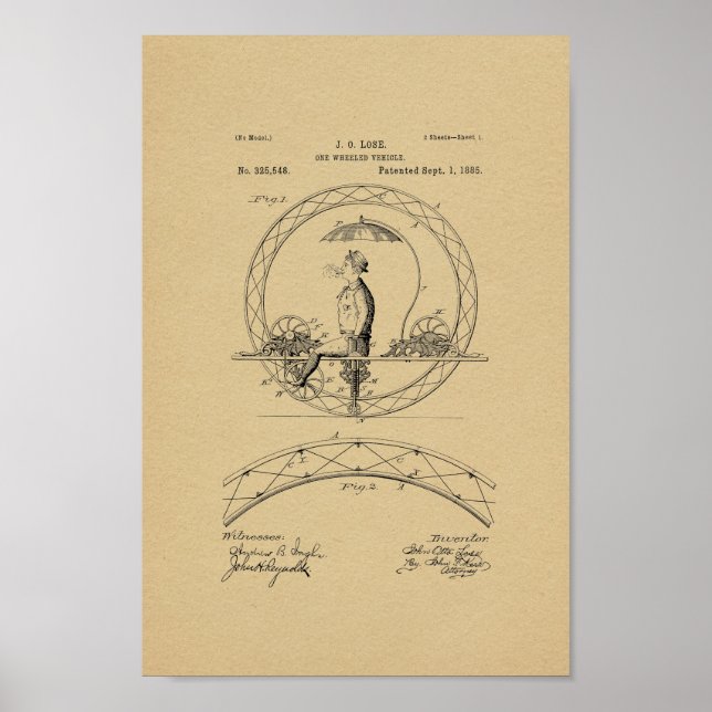 1885 Vintage One Wheeled Bike Patent Print (Front)